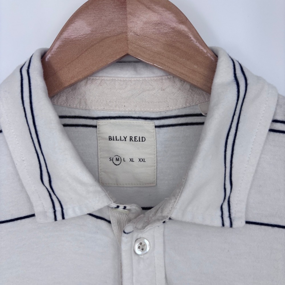 Billy Reid Polo Shirt Mens Medium White Navy Striped Cotton Pocket Cropped Fit - Picture 3 of 10